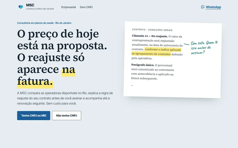Página inicial do site MSC Saúde